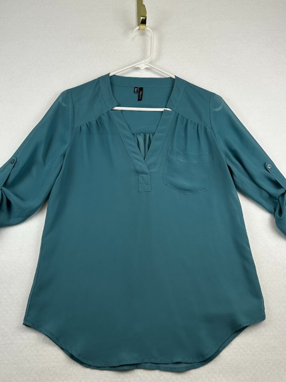 Maurices | Teal V-neck Roll-Tab Sleeve Tunic Blouse Chest Pocket Curved Hem S